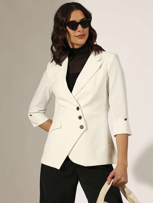 women solid three quarter sleeve double breasted blazer - 22180028 -  Standard Image - 0