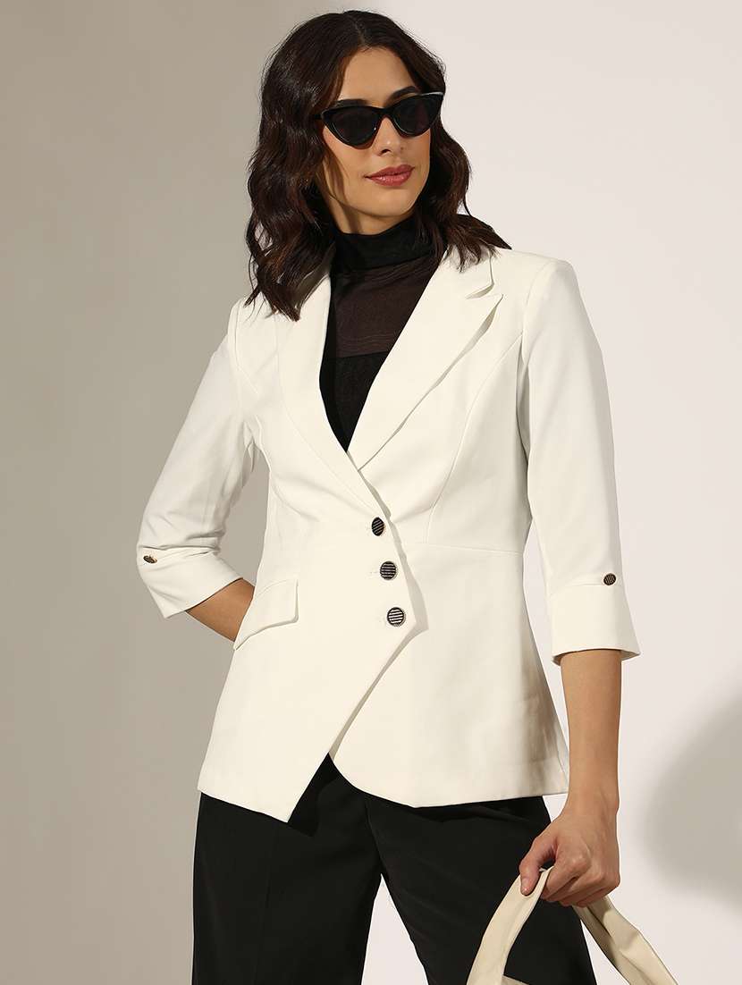 women solid three quarter sleeve double breasted blazer