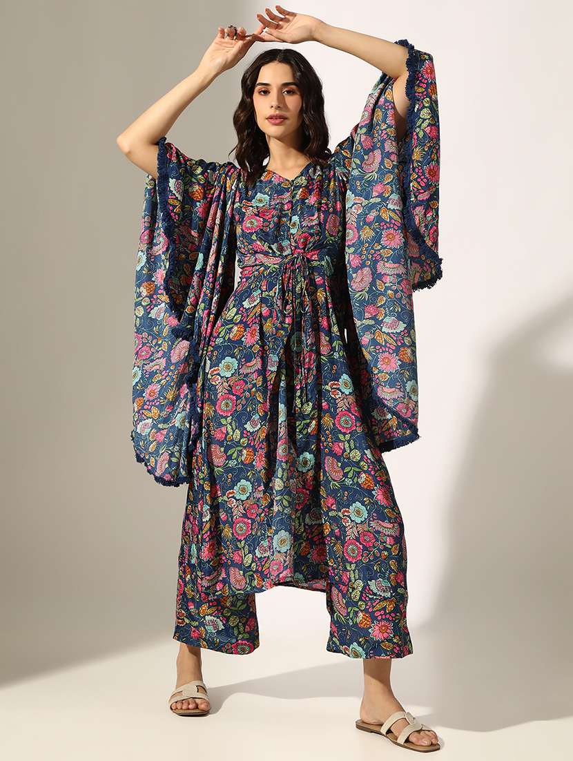 women floral printed kimono sleeve kaftan kurta pant set - 22180040 -  Zoom Image - 0