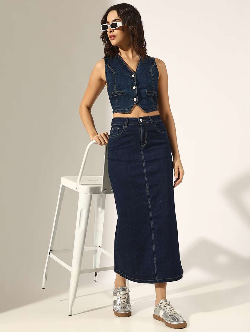 women solid denim top and skirt co-ord set