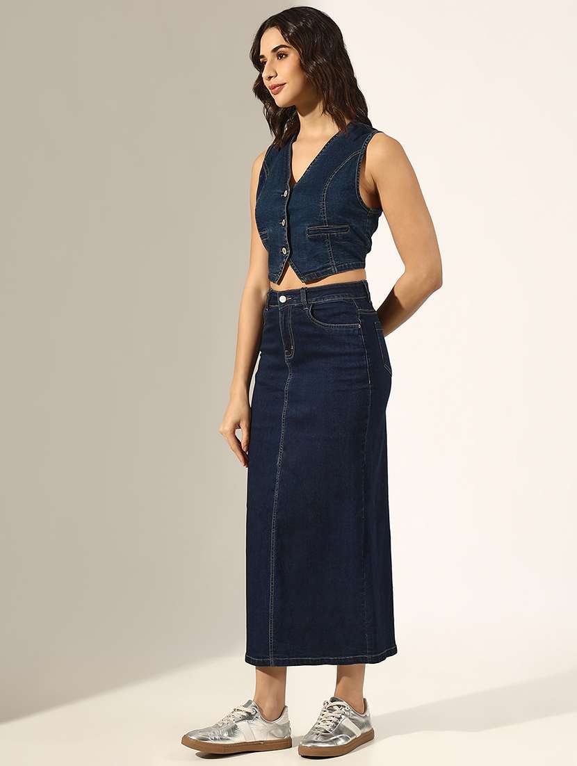 women solid denim top and skirt co-ord set - 22180044 -  Standard Image - 3