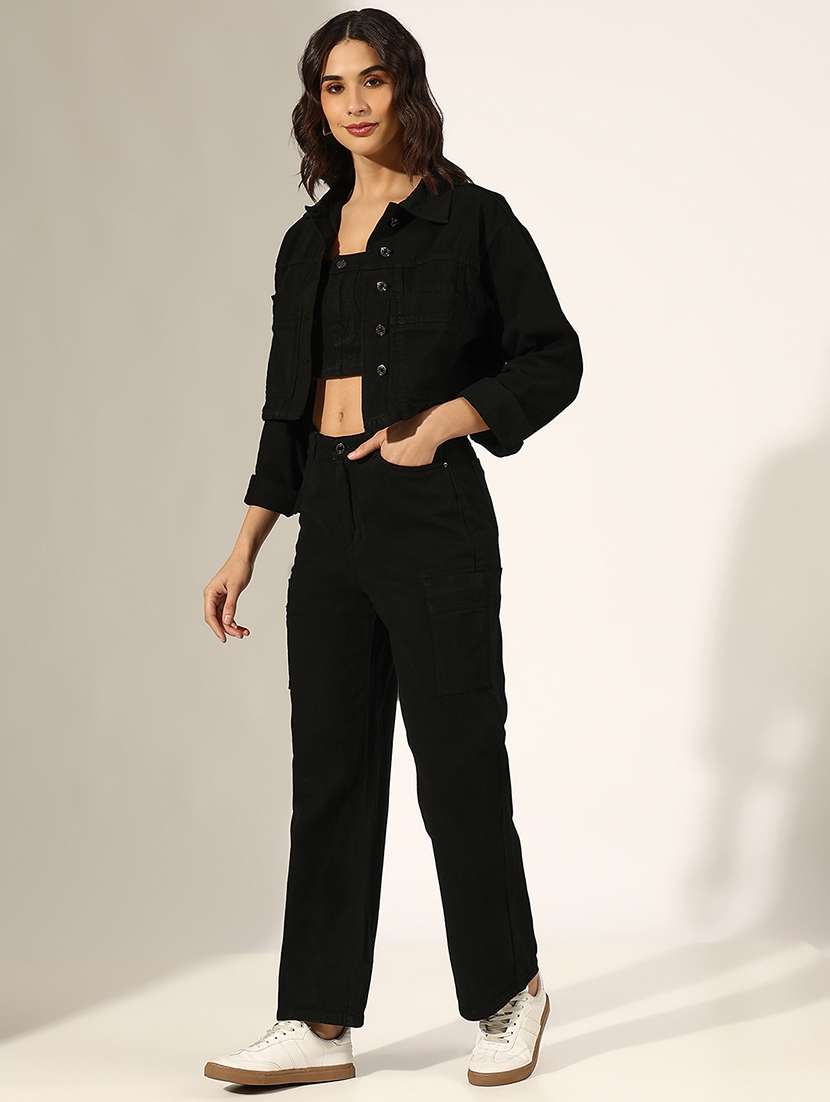 women solid denim top and trouser co-ord set - 22180046 -  Standard Image - 3