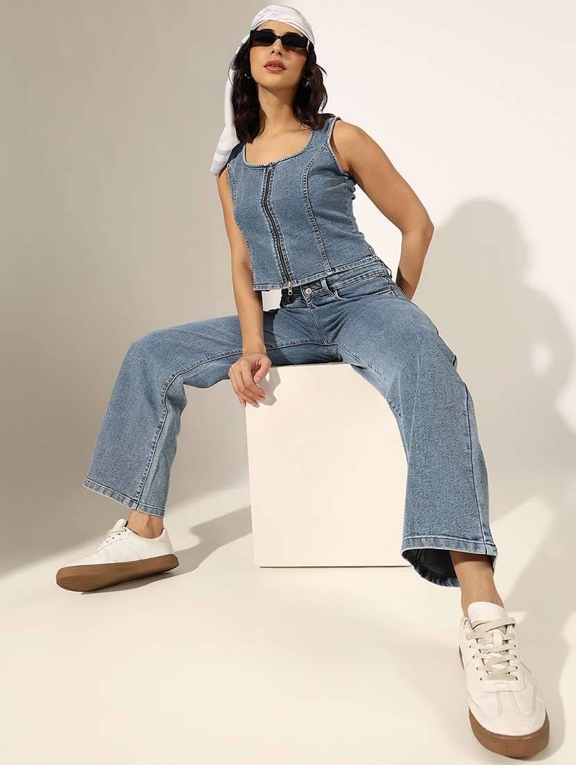 women solid denim top and trouser co-ord set - 22180048 -  Standard Image - 3