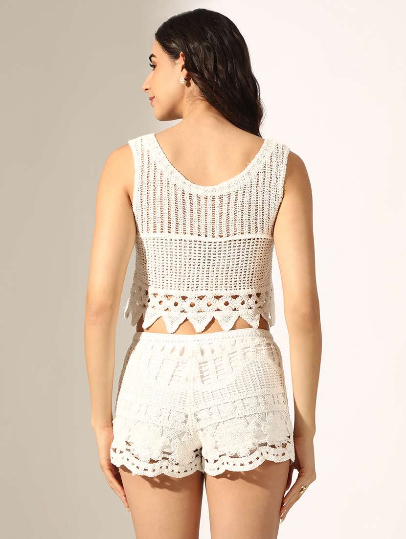 women solid crochet top and short co-ord set - 22180049 -  Standard Image - 3