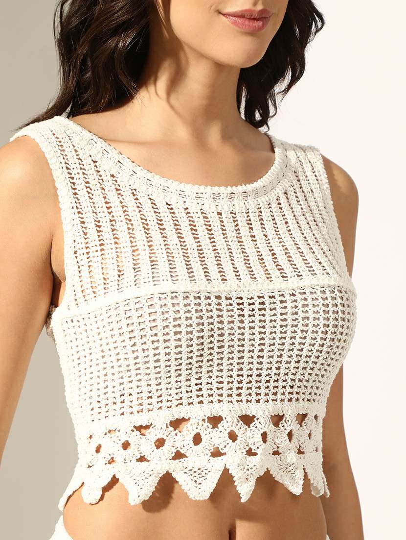 women solid crochet top and short co-ord set - 22180049 -  Standard Image - 5