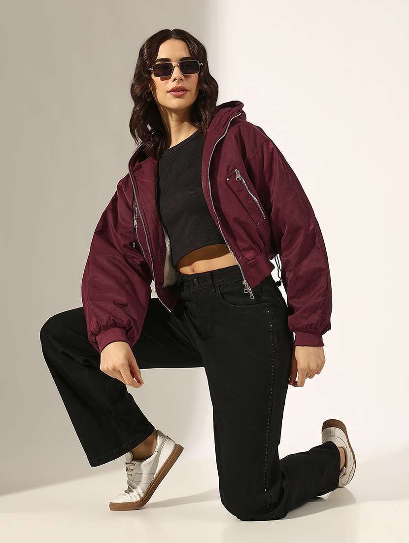 women solid long sleeve hooded crop bomber jacket - 22180061 -  Standard Image - 5