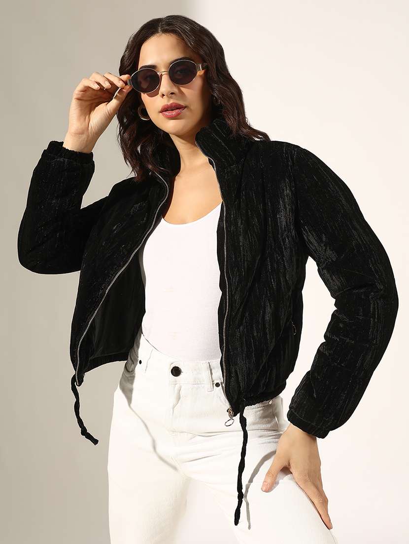 women solid long sleeve quilted jacket