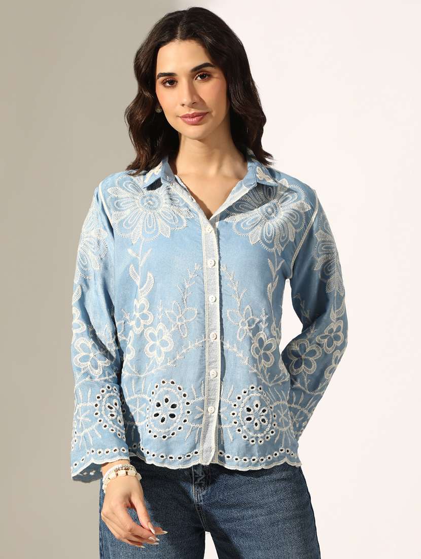 women embroidered collared long sleeve regular shirt