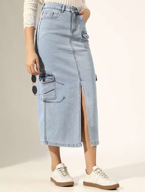 women solid high rise denim skirt - 22180111 -  Standard Image - 0