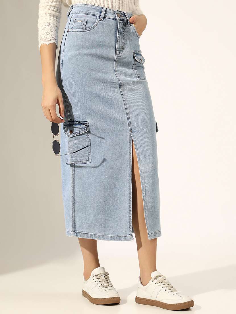 women solid high rise denim skirt