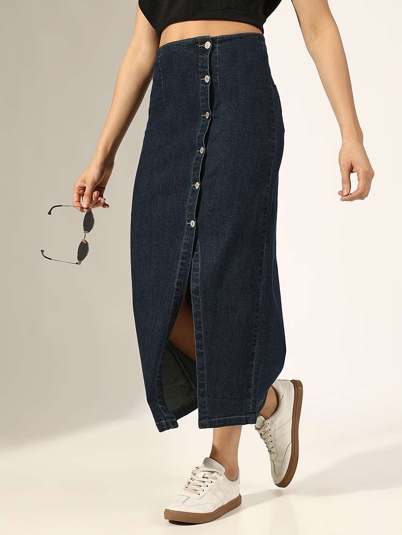 women solid high rise denim skirt