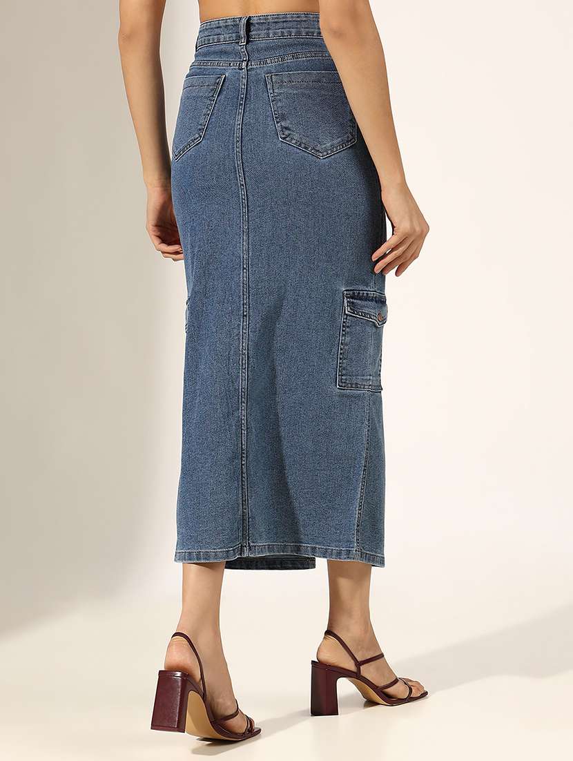 women solid high rise denim cargo skirt - 22180114 -  Standard Image - 3