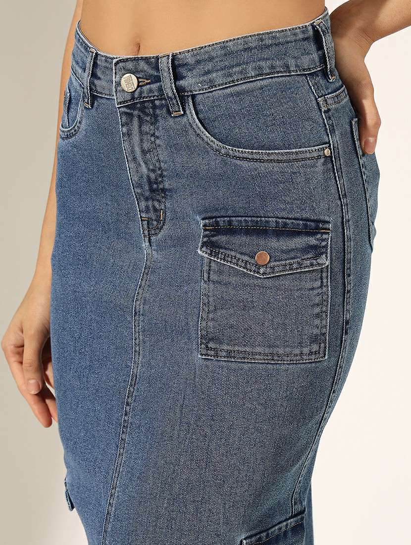 women solid high rise denim cargo skirt - 22180114 -  Standard Image - 5