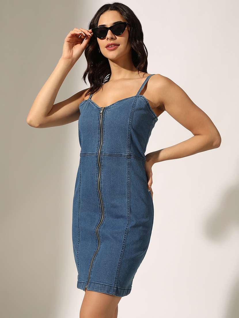 women solid denim bodycon dress