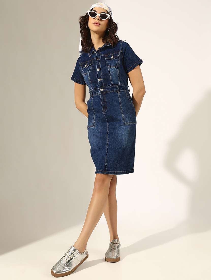 women solid denim bodycon dress