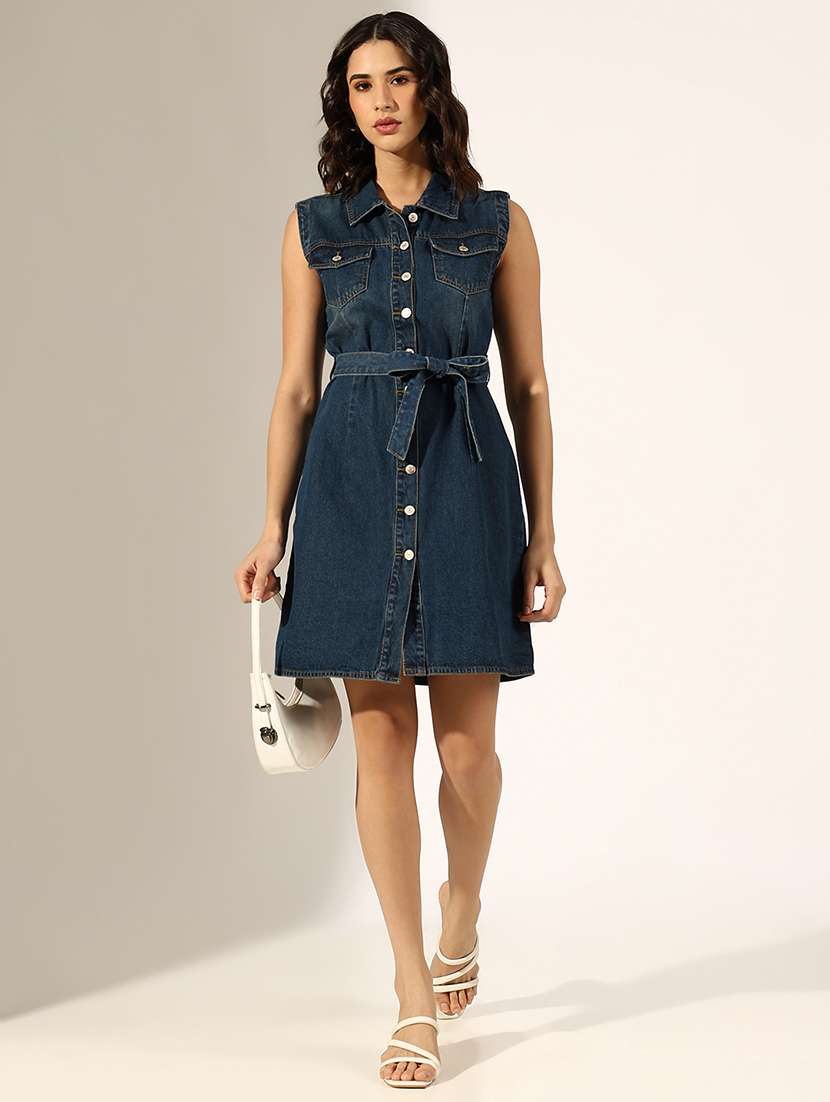 women solid denim shirt dress