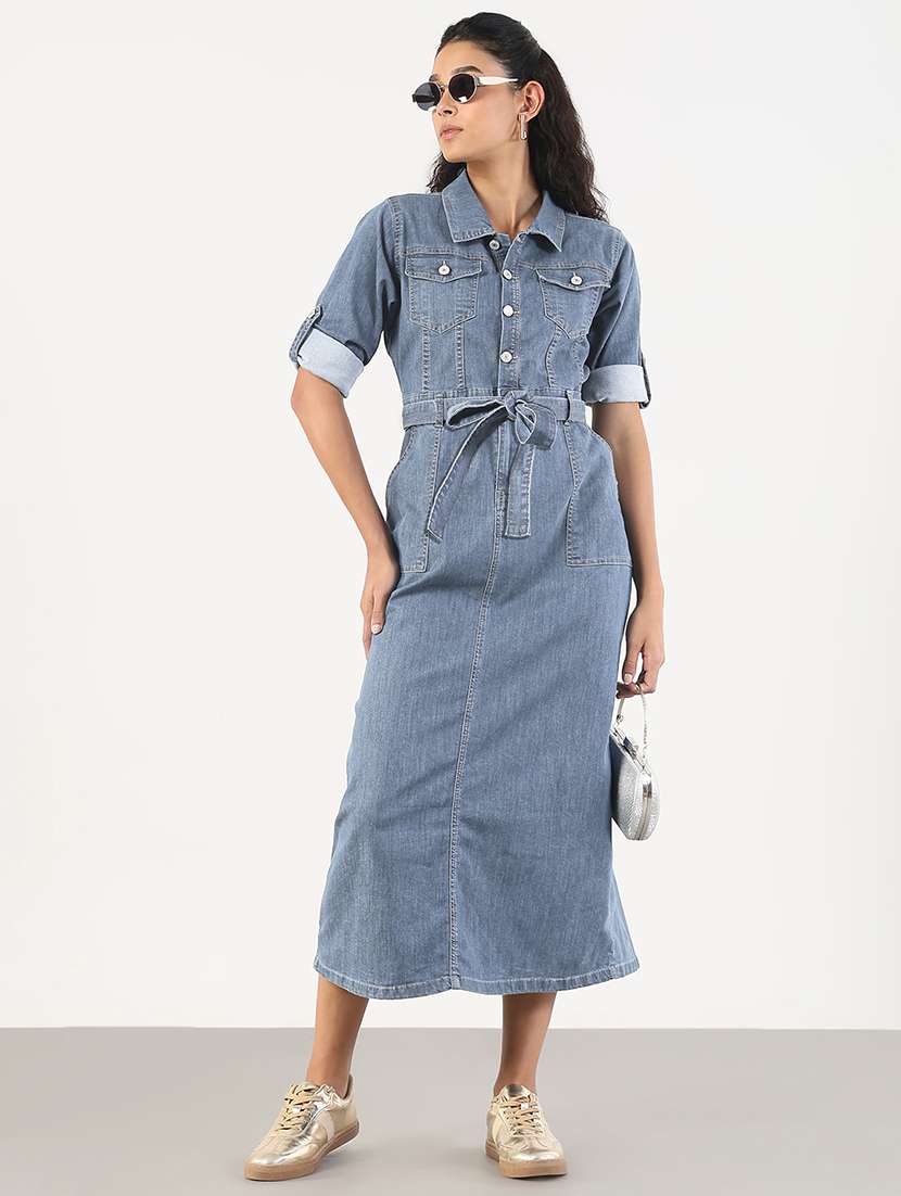 women solid denim a-line dress