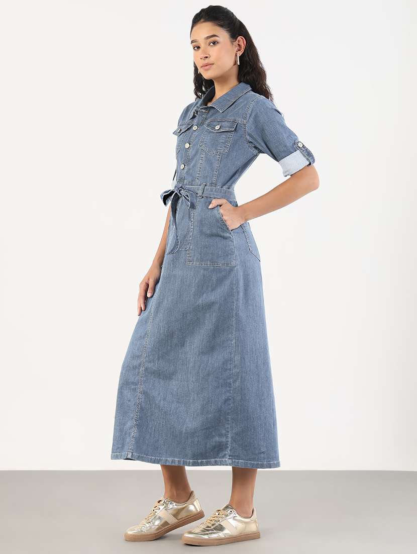 women solid denim a-line dress - 22180139 -  Standard Image - 3