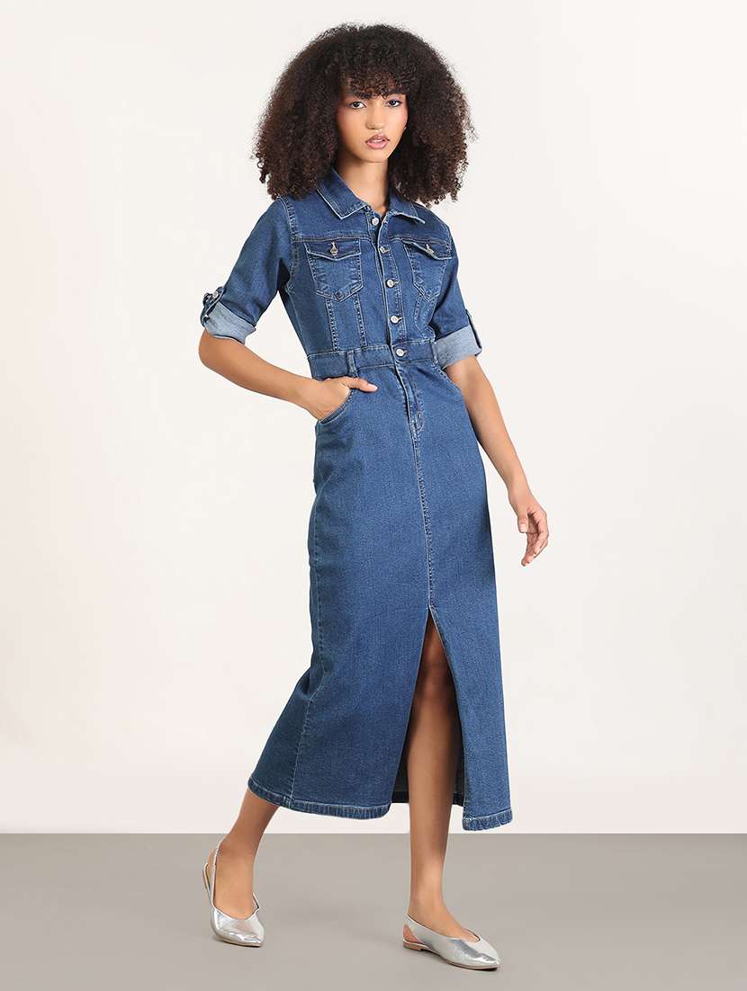 women solid denim a-line dress - 22180140 -  Standard Image - 3