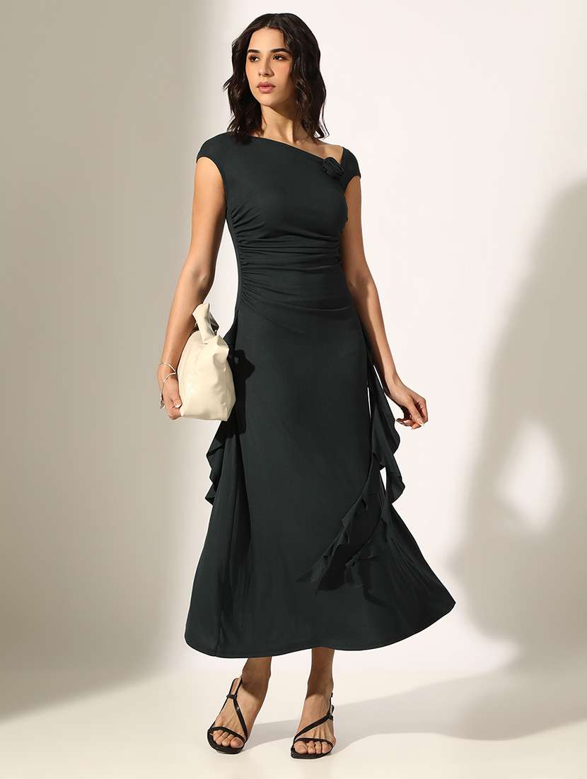 women solid cap sleeve a-line dress
