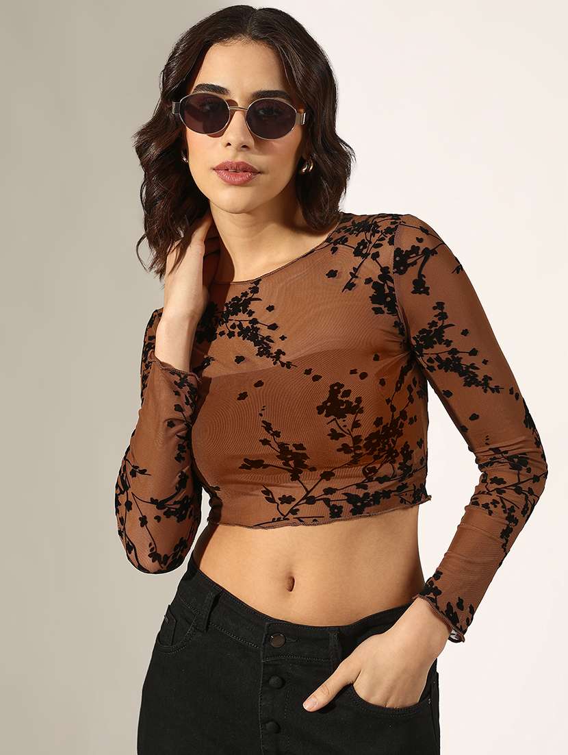 women printed long sleeve crop top