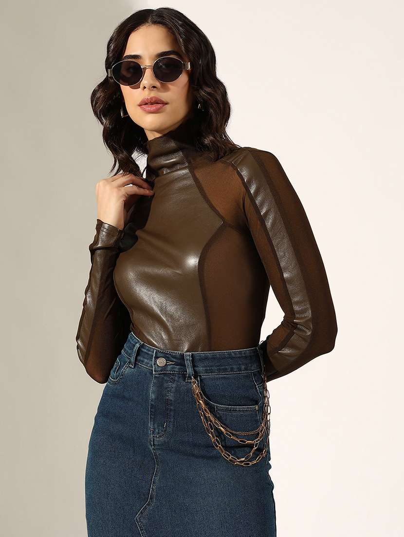 women solid long sleeve sheer top