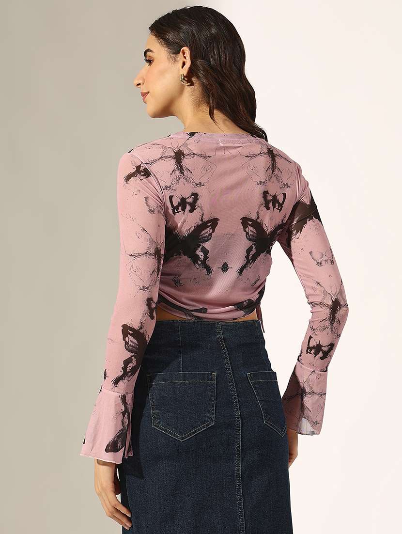 women printed long sleeve crop ruched top - 22180176 -  Standard Image - 3