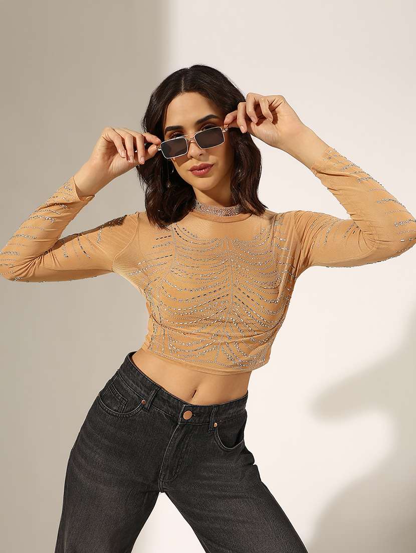 women embellished long sleeve crop top