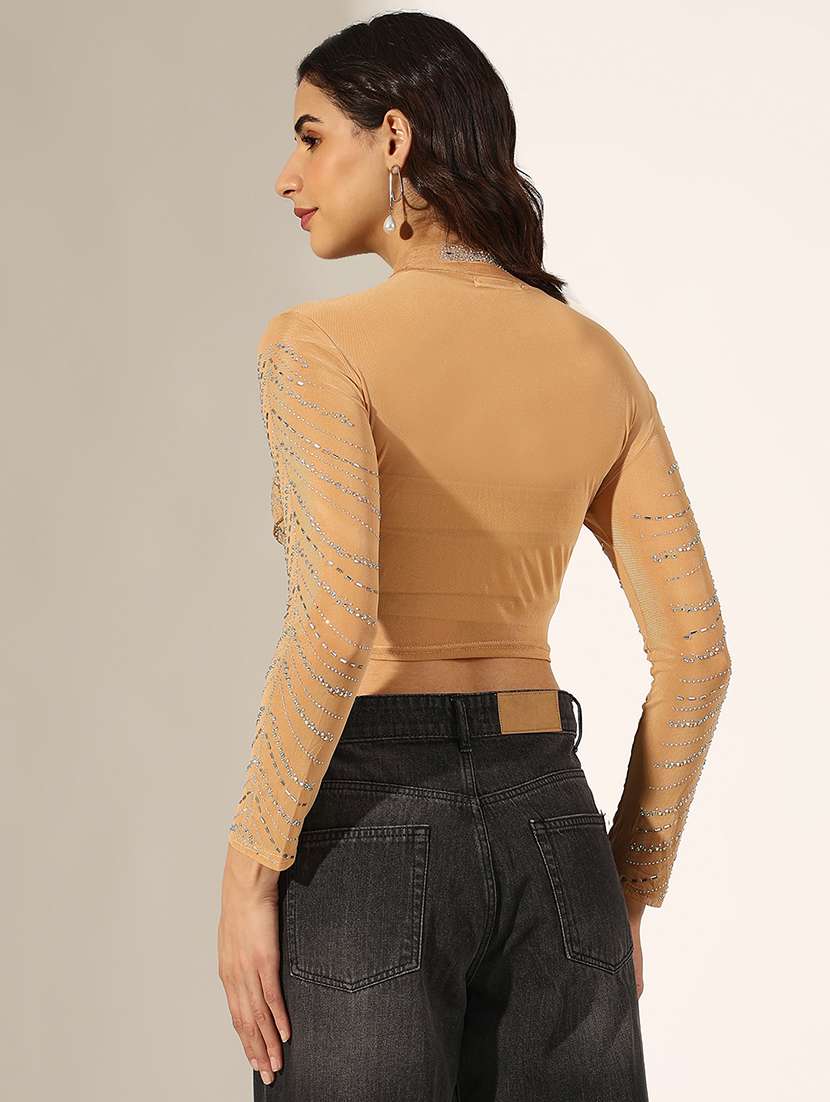 women embellished long sleeve crop top - 22180179 -  Standard Image - 3