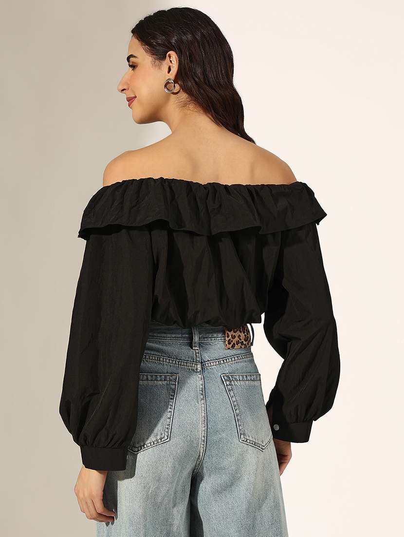 women black solid off shoulder crop top - 22180180 -  Standard Image - 3