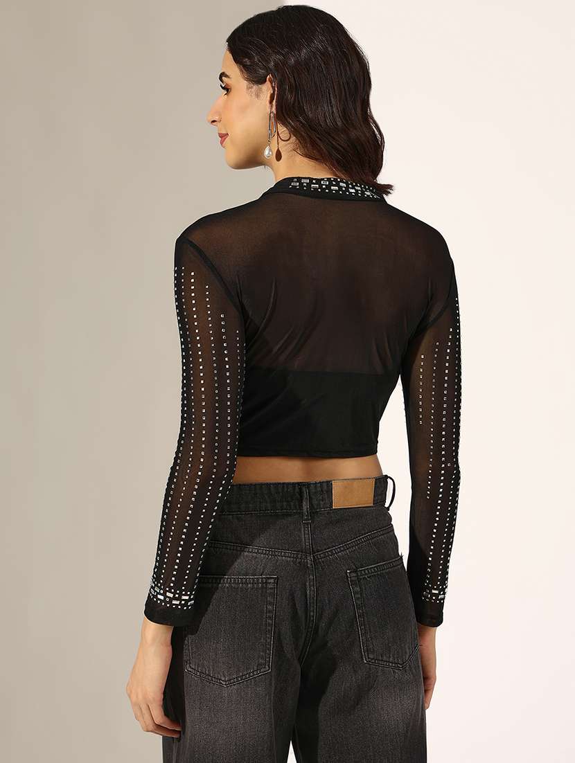 women embellished long sleeve crop top - 22180181 -  Standard Image - 3