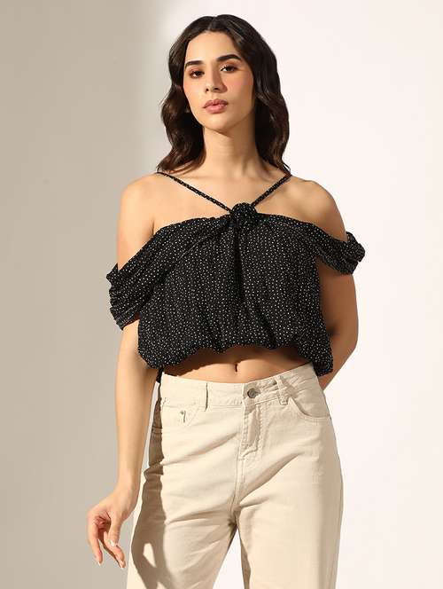 women black polka doted off shoulder crop top - 22180189 -  Standard Image - 0
