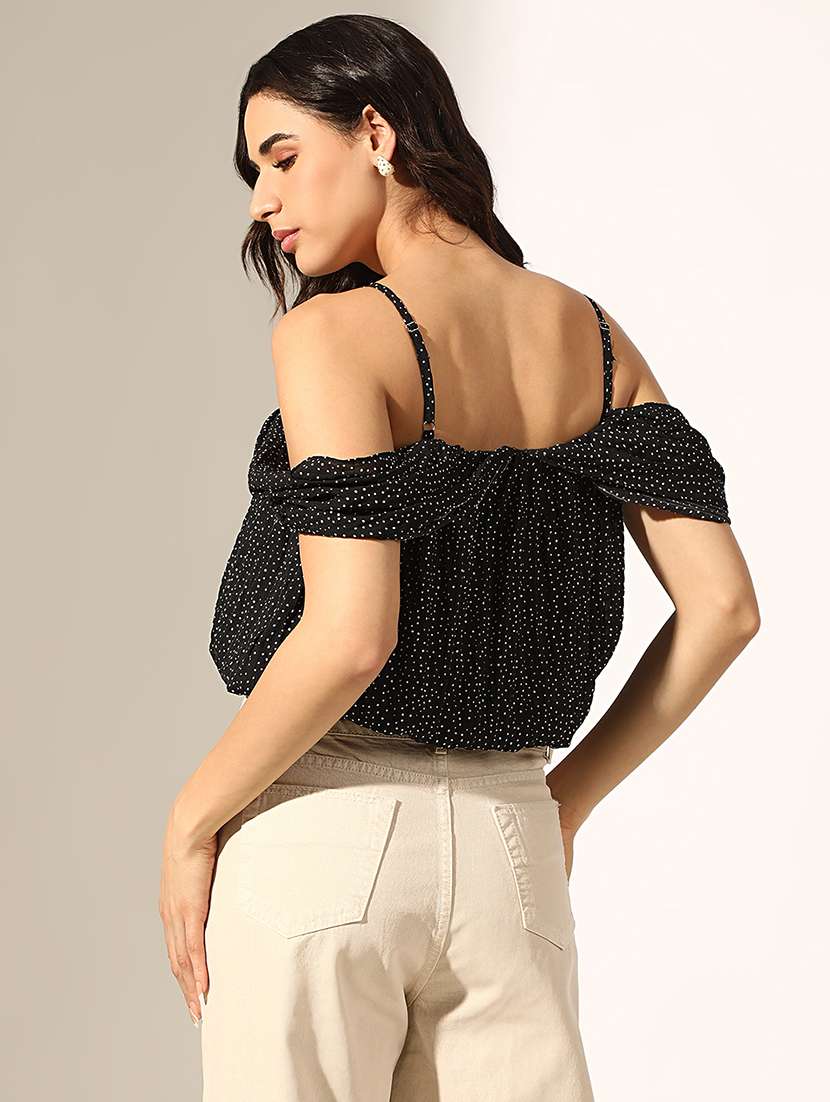 women black polka doted off shoulder crop top - 22180189 -  Standard Image - 3