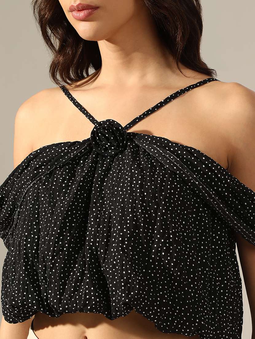 women black polka doted off shoulder crop top - 22180189 -  Standard Image - 5