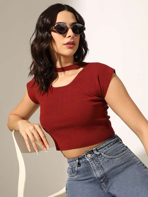 women solid short sleeve crop top - 22180191 -  Standard Image - 0