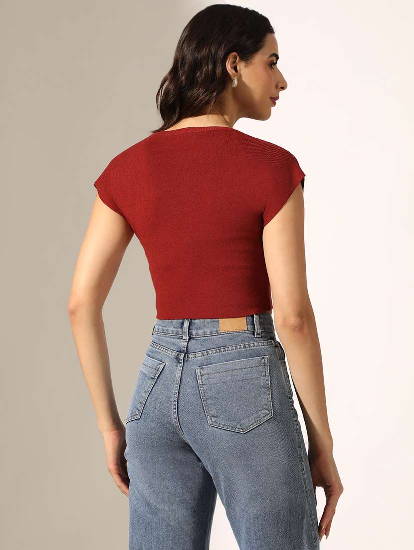 women solid short sleeve crop top - 22180191 -  Standard Image - 3