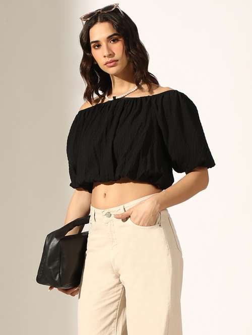 women black solid off shoulder crop top - 22180197 -  Standard Image - 0