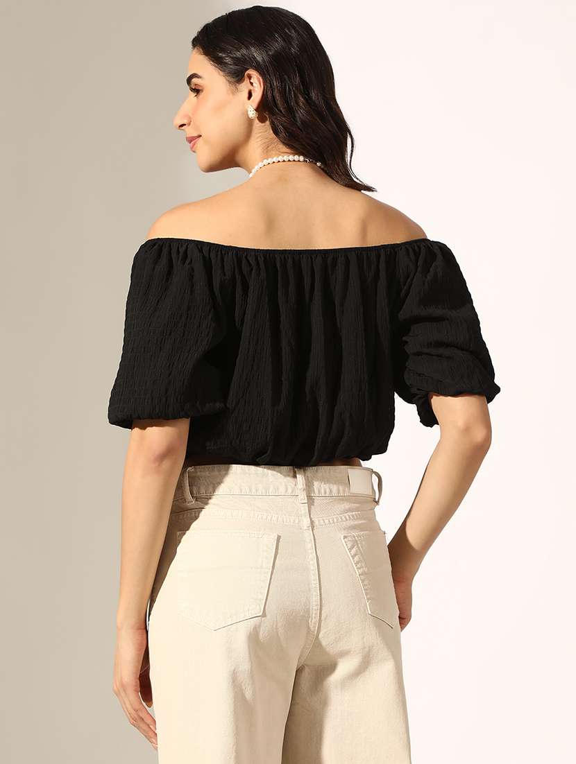 women black solid off shoulder crop top - 22180197 -  Standard Image - 3
