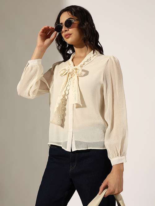 women solid puff sleeve regular top - 22180200 -  Standard Image - 0