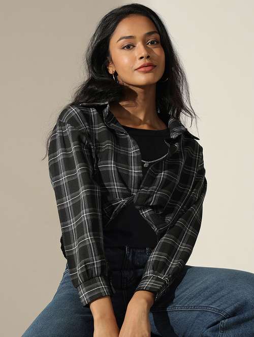 women checkered long sleeve crop shirt top - 22180203 -  Standard Image - 0