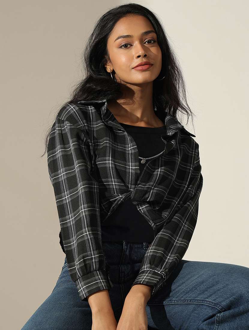 women checkered long sleeve crop shirt top - 22180203 -  Zoom Image - 0