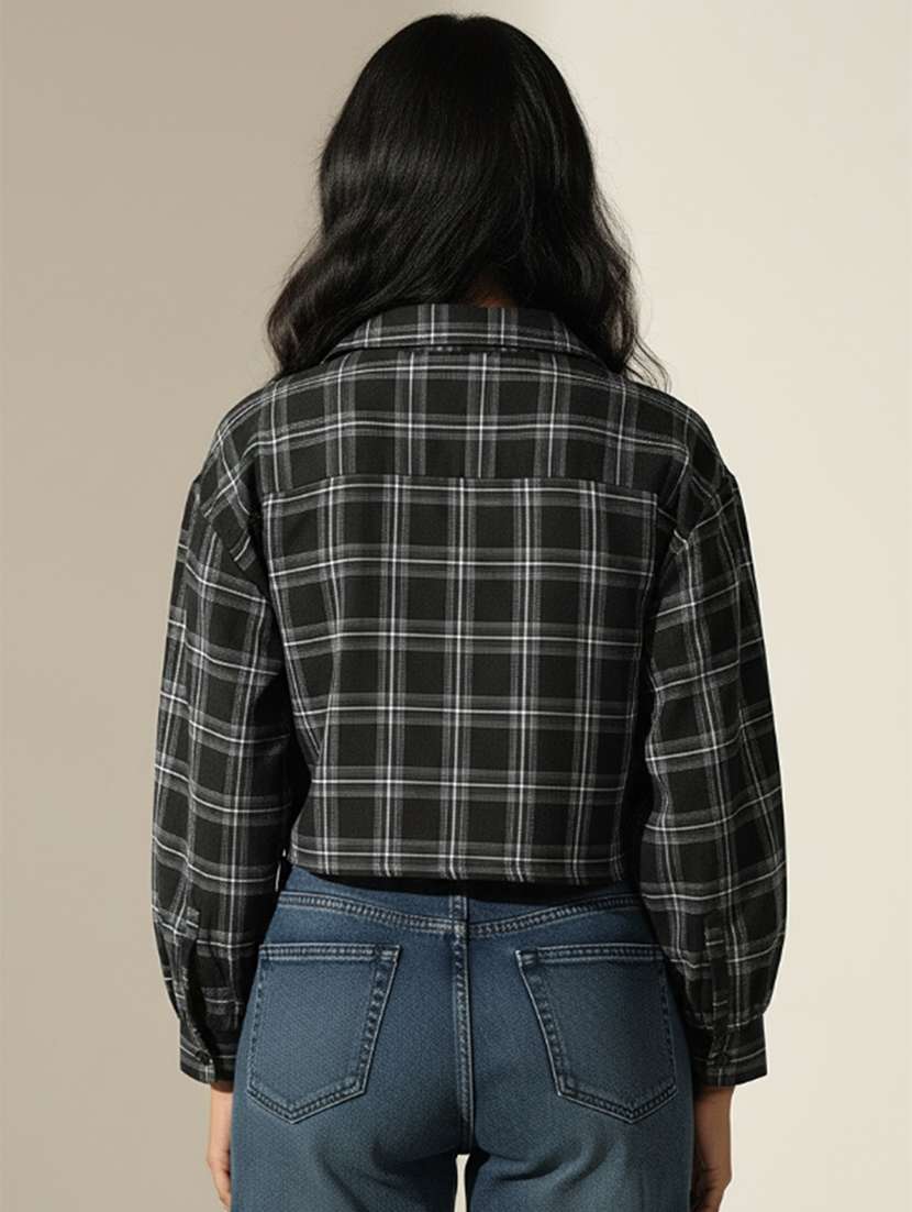 women checkered long sleeve crop shirt top - 22180203 -  Standard Image - 3