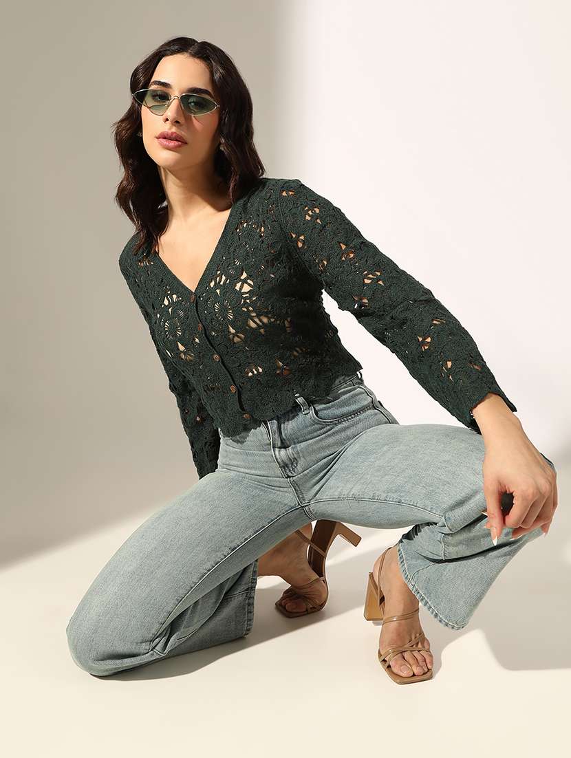 women self designed long sleeve crop top - 22180210 -  Standard Image - 3