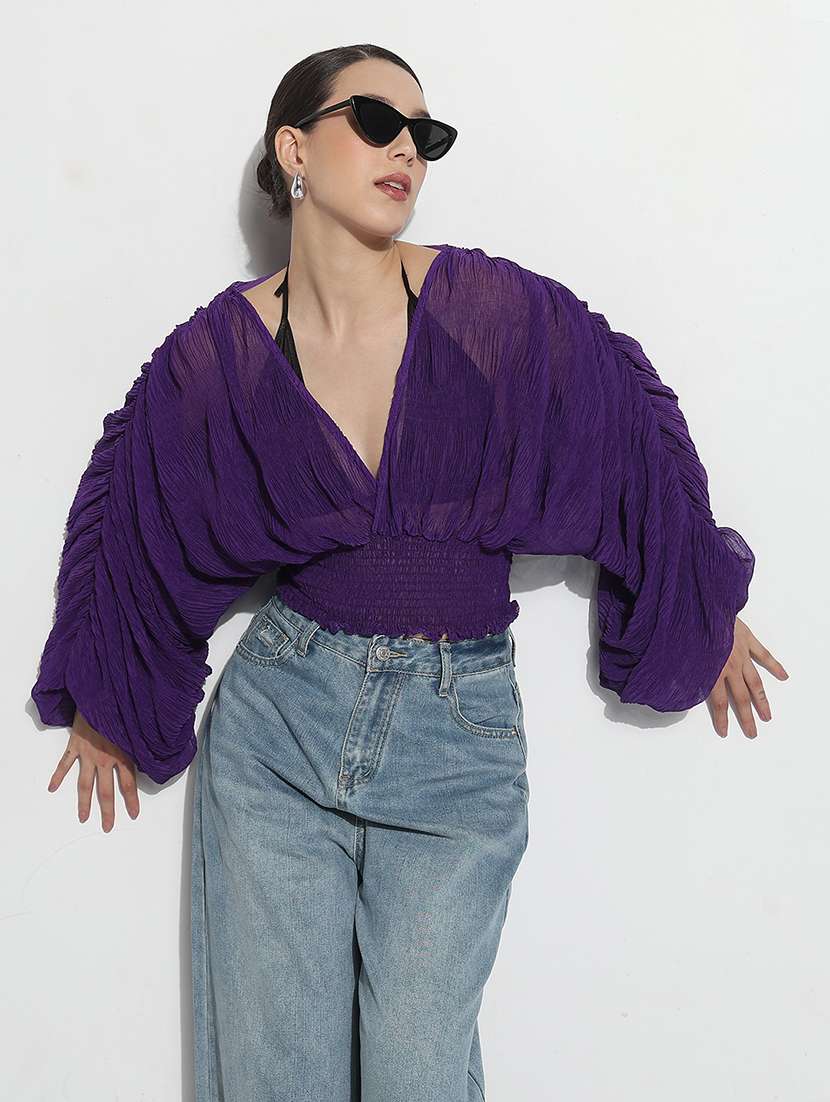 women solid batwing sleeve sheer blouson top