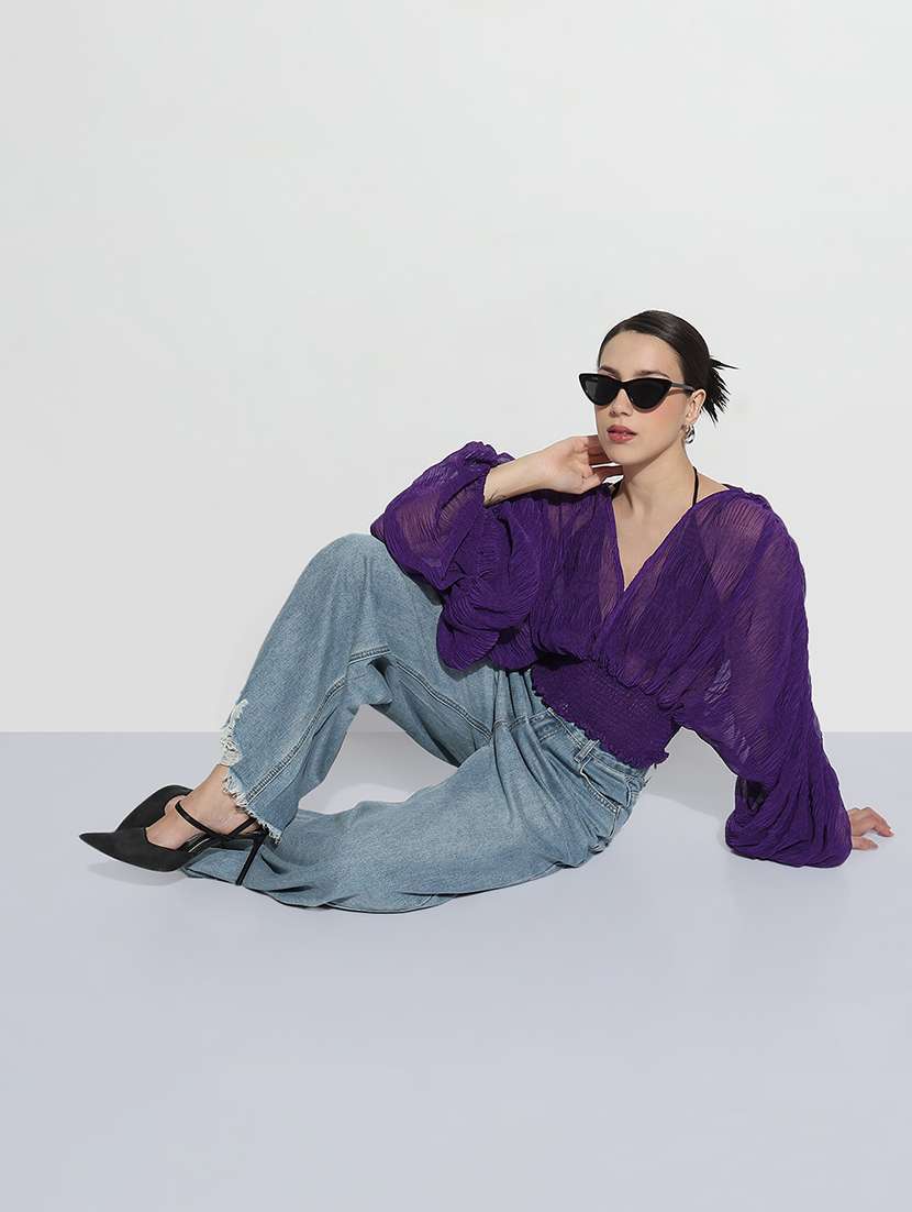 women solid batwing sleeve sheer blouson top - 22180215 -  Standard Image - 5