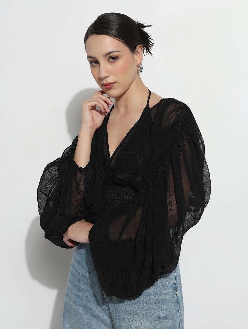 women solid batwing sleeve sheer blouson top - 22180216 -  Standard Image - 3
