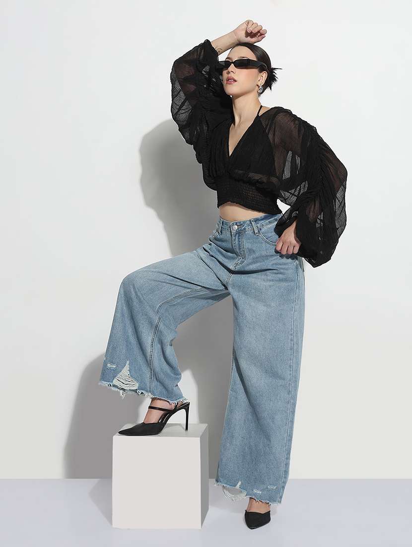 women solid batwing sleeve sheer blouson top - 22180216 -  Standard Image - 5