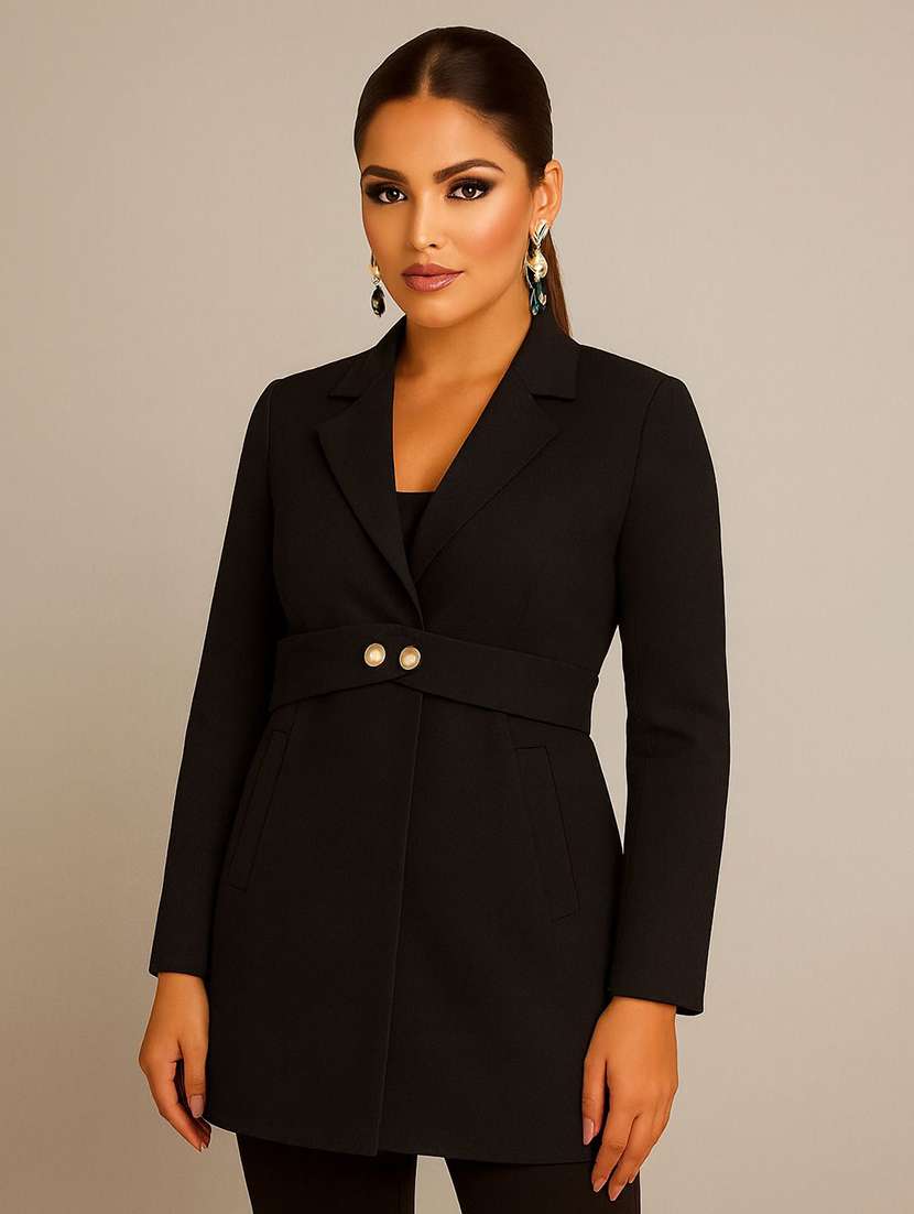 women solid lapel collar long sleeve over coat - 22180223 -  Zoom Image - 0