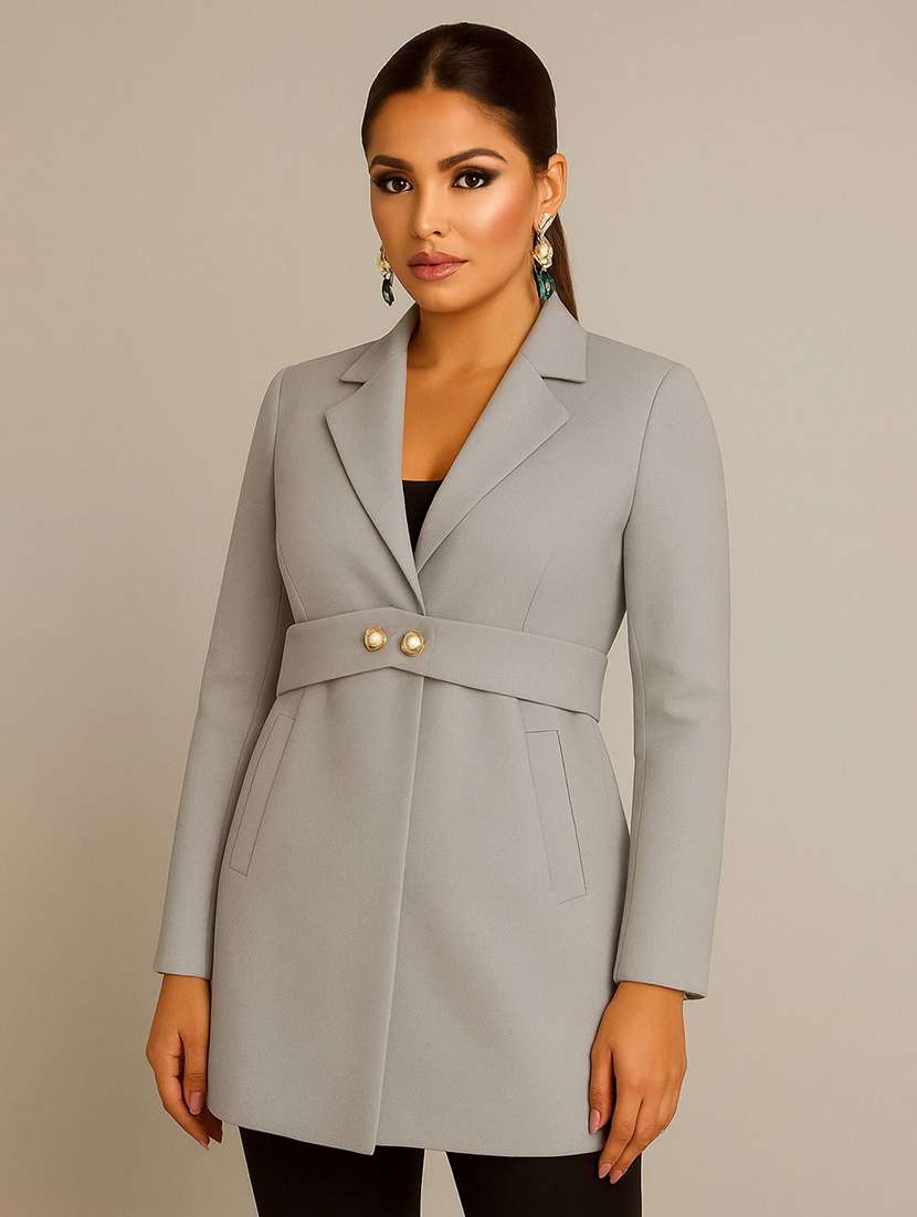 women solid lapel collar long sleeve overcoat 