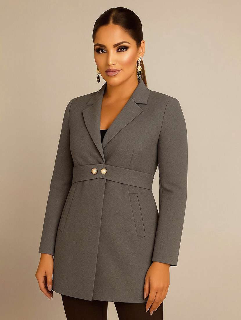 women solid lapel collar long sleeve overcoat 